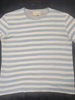 Zara Essentials White and Light Blue Striped Linen Tee